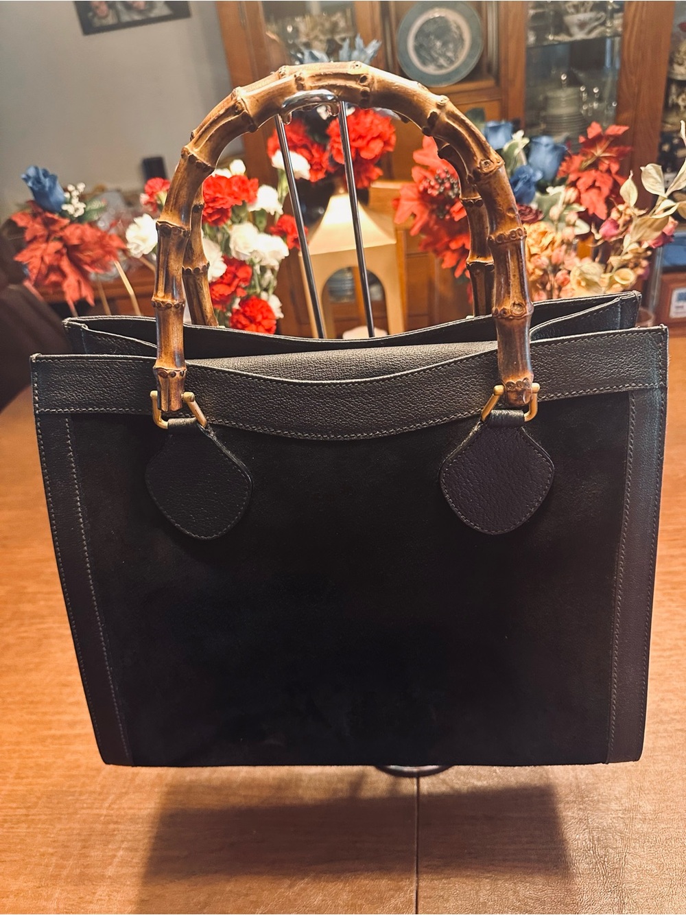 Authentic Vintage Gucci Diana Bamboo Tote Bag Black Suede Leather